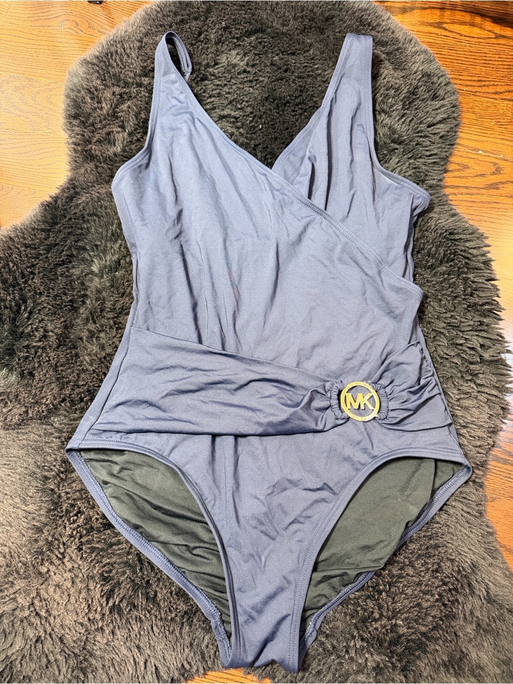Michael Kors One Piece Blue Swimsuit w/Gold Circle Logo Hardware Women's Sz 12 - Picture 5 of 7